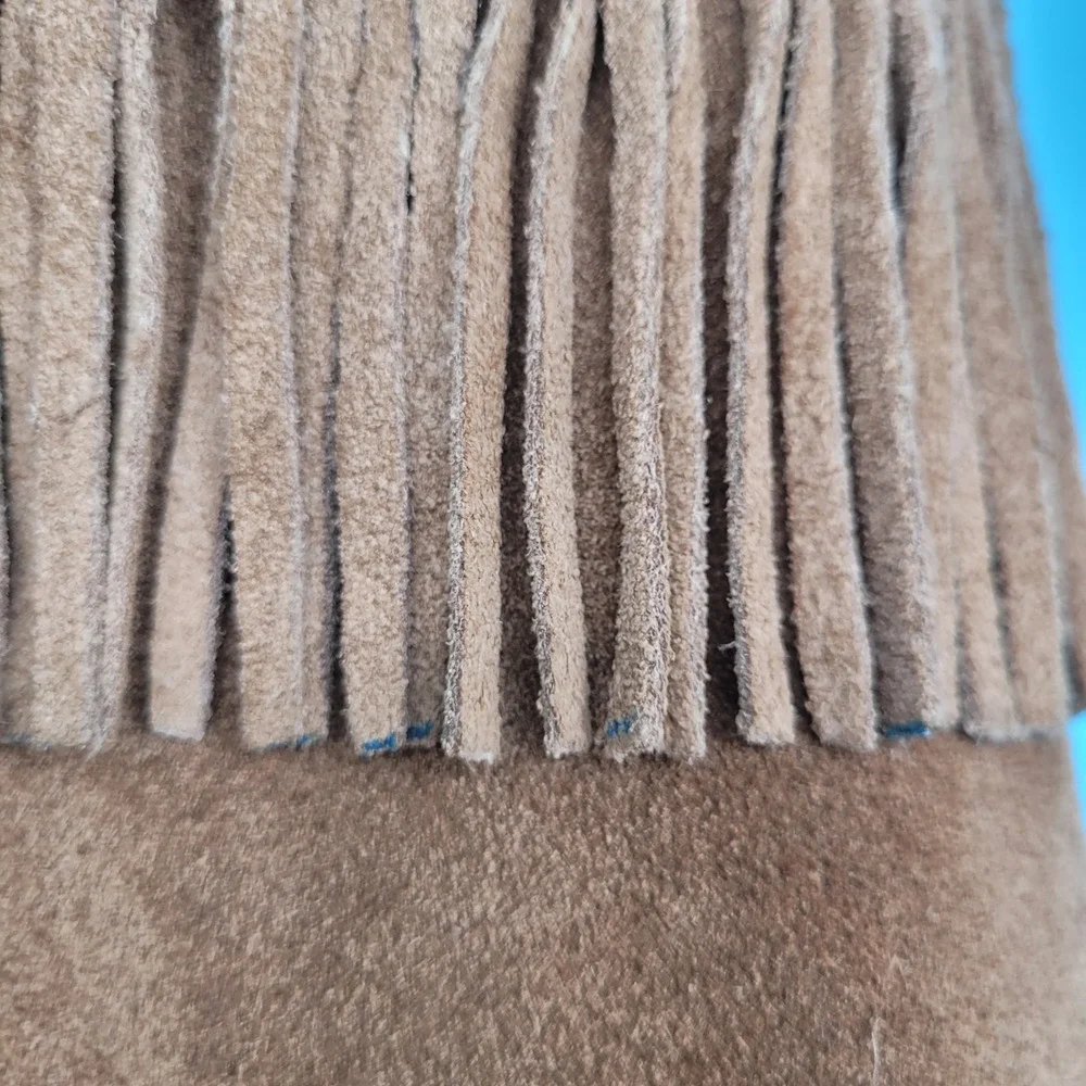 Vintage Western Suede Leather Fringe Vest Youth Beaded Native Style Patch Brown